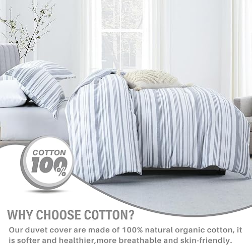 Miniatura 2 de CozyQQ Funda de edredón a rayas tamaño Queen, 100% algodón, funda de edredón blanca, ultra suave y ligera, con cierre de cremallera y 8 lazos