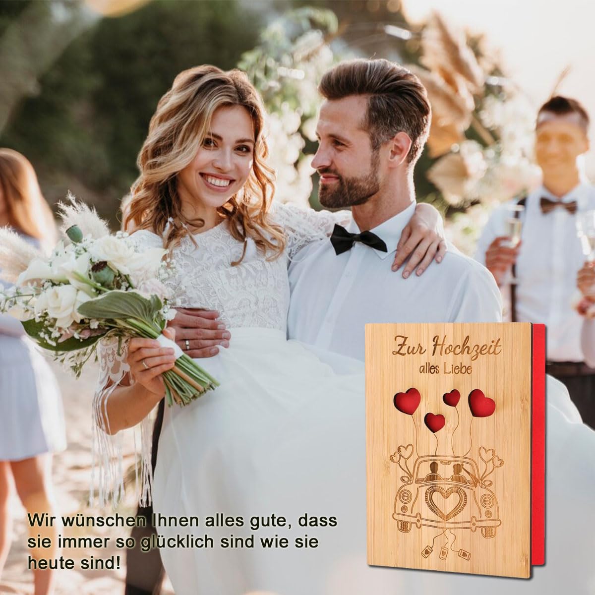 CUEMOON Wooden Wedding Card with Envelope, Wedding Gift Card for Honeymoon Wedding Gifts for Bride and Groom 15 x 11 cm - Image 4