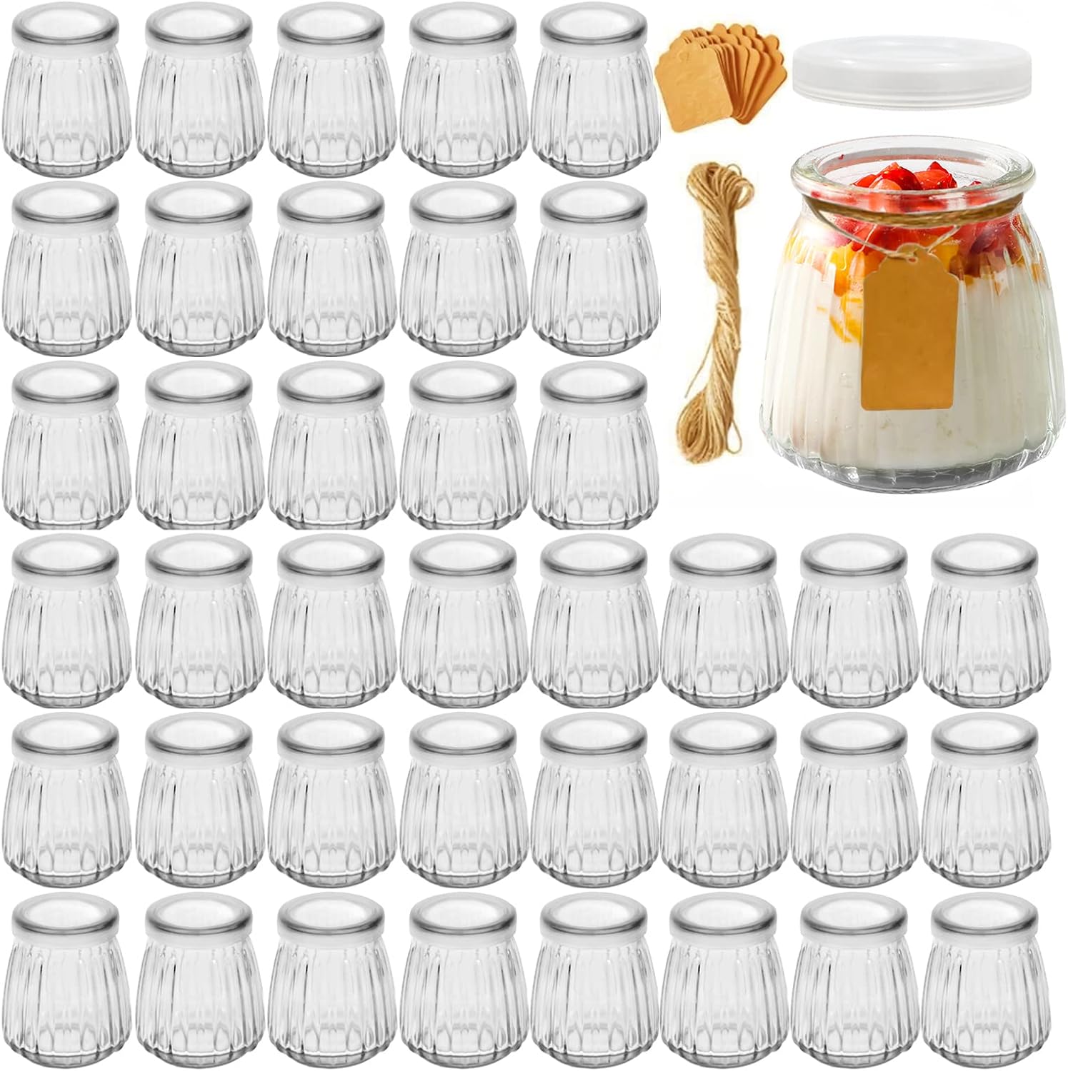 4oz Small Glass Jars 40Pack, Clear Glass Pudding Jars with PE Lids and Tags, Spice