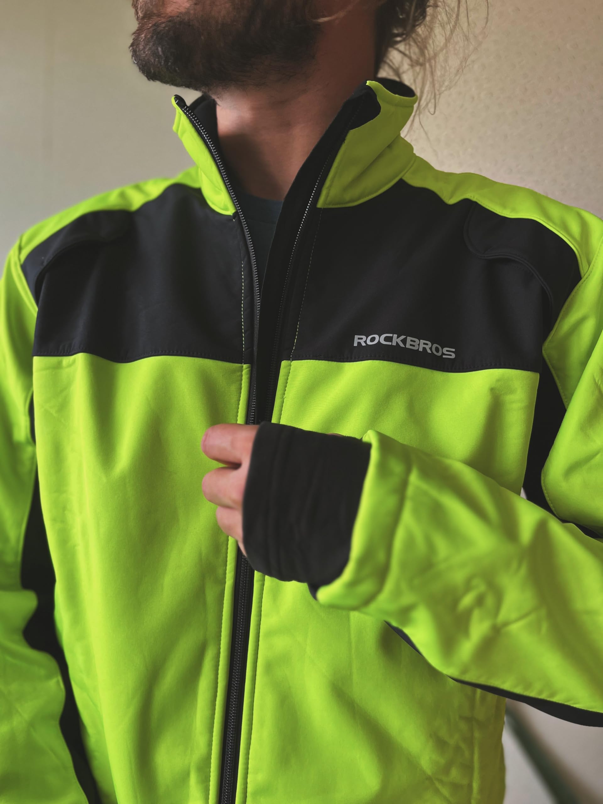 ROCKBROS Ensemble Veste Pantalon de Vélo Thermique Hiver Molleton Polaire Coupe-Vent Respirant Vert Fluo M-4XL