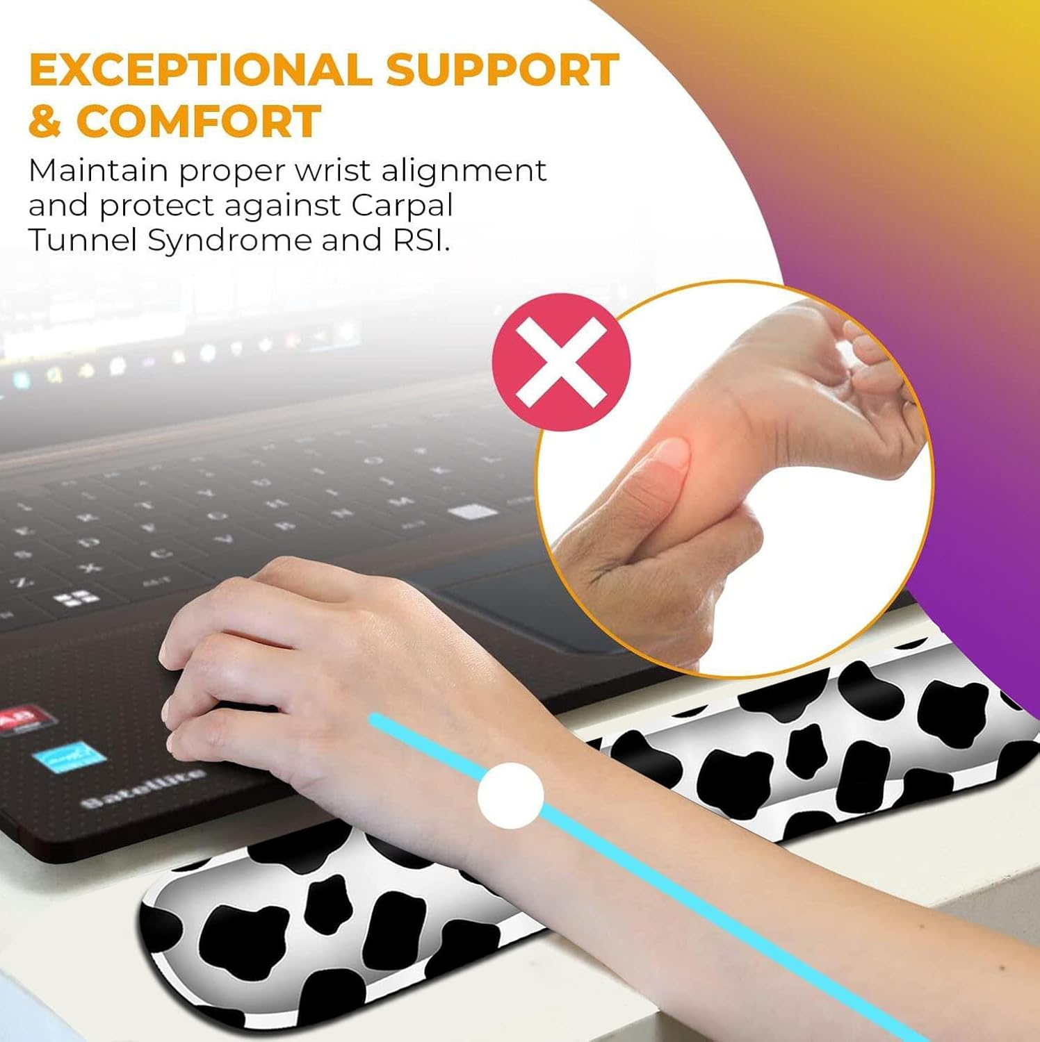 Wireless Mouse Pad with Wrist Support, Ergonomic Gel Mouse Pad, Keyboard Wrist Rest, Soft Memory Foam Keyboard Wrist Pad for Office Typing Desk Pad, Black and White Cow Pattern Animal Gaming Mousepad