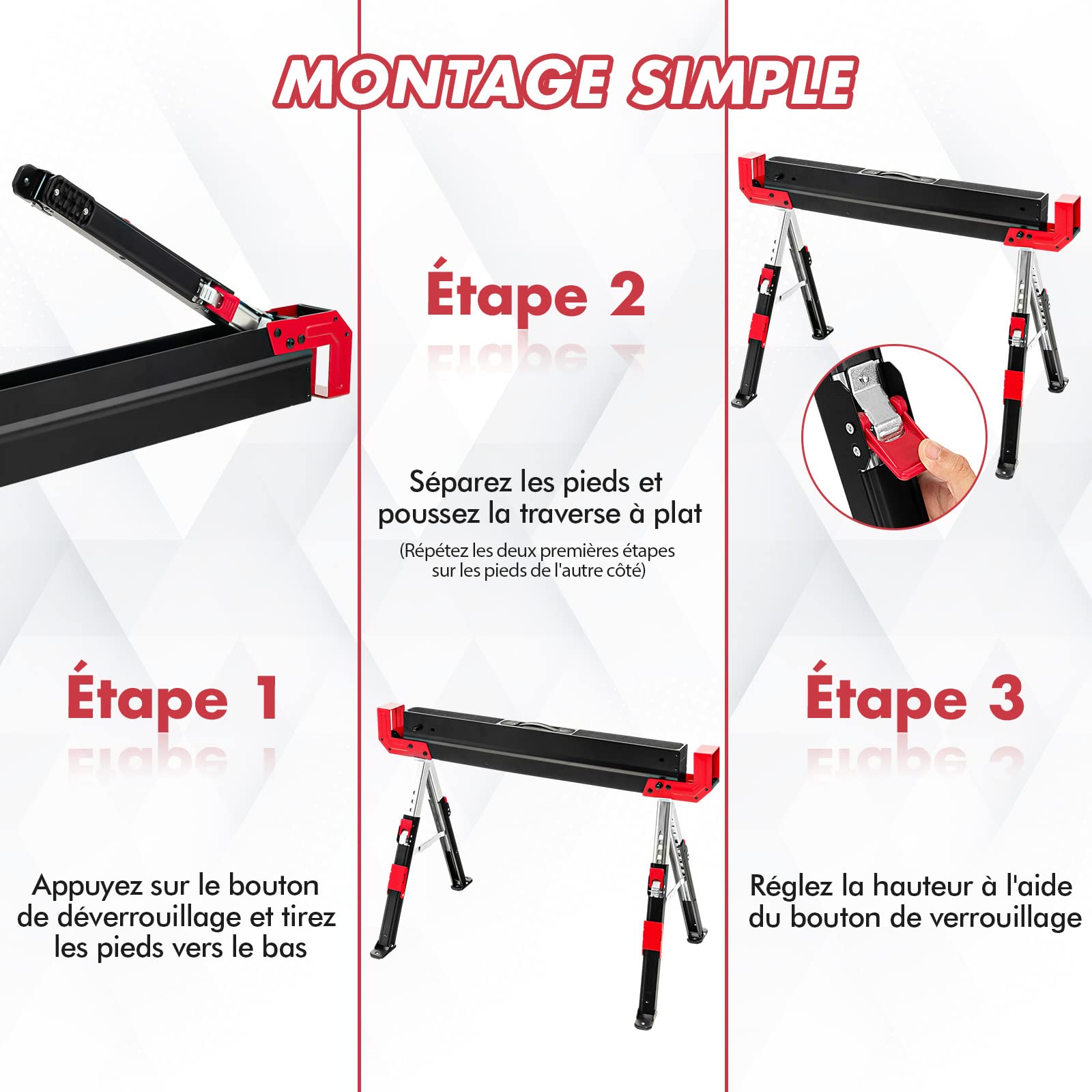 GYMAX Lot de 2 Tréteaux Pliable en Métal, Charge Max 1180kg, Hauteur Réglable 62-83cm, Chevalet de Sciage avec Bras Chevilles de Support de Bois (Rouge)