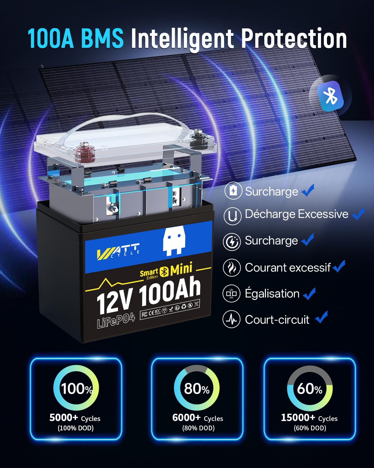 Batería de Litio LiFePO4 12V 100Ah con Bluetooth, Grupo BCI 24, 12V Mini Baterías 100A BMS Inteligente, Soporta Bluetooth en Teléfono, 15000 Ciclos Profundos, Motor de Arrastre Marino RV