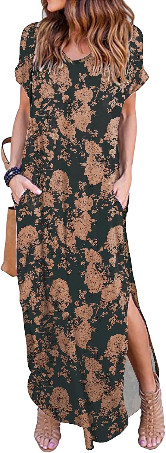 HUSKARY Women's Summer Maxi Dress Casual Loose Pockets Long Dress Short Sleeve Split Maxi Dresses