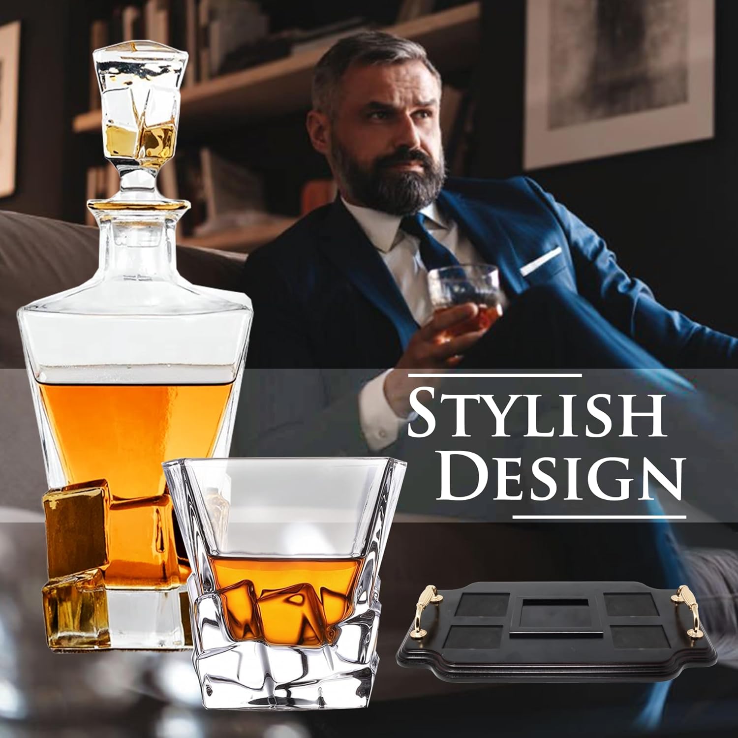 Whiskey Decanter Set. Includes Whiskey glasses, coasters, and wood base. Perfect Dad Gifts. For bourbon, scotch, liquor, etc. - Image 7