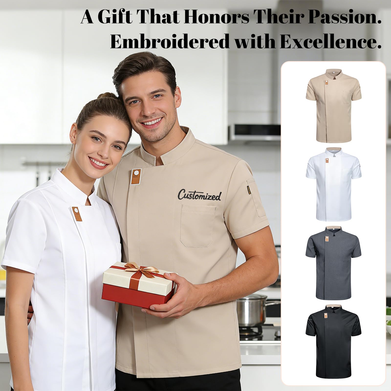 Veste Cuisine Personnalisée Homme Femme avec Broderie Prénom, Blouse de Cuisine Manches Courtes, Uniforme Chef Respirant