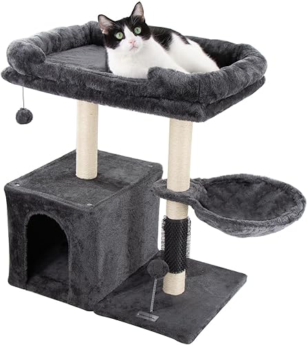 Torre de árbol pequeño para gatos de 26.8 pulgadas, poste rascador para gatos de interior, con cueva para gatos y percha acogedora, auto aseo de