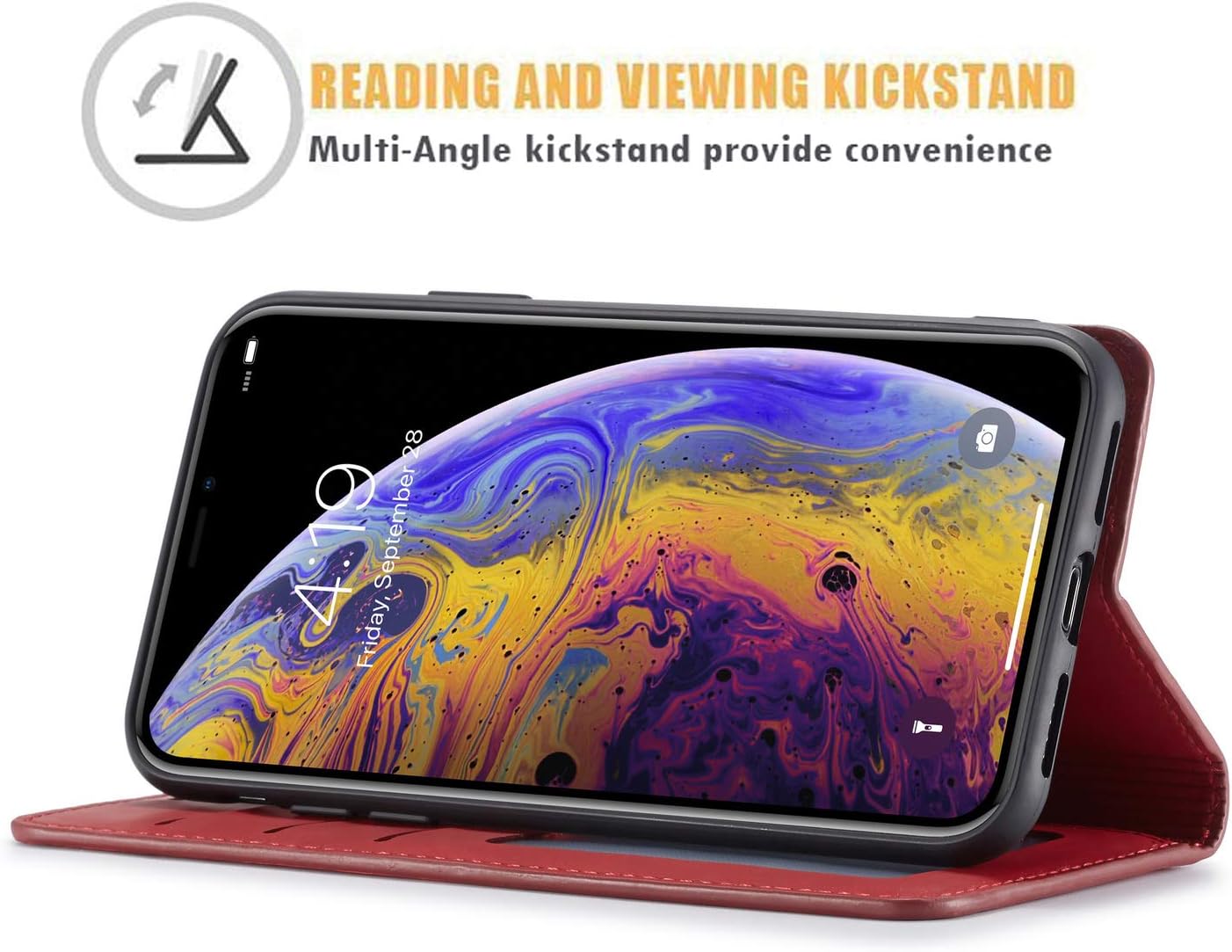 QLTYPRI for iPhone X iPhone Xs Case, Premium PU Leather Cover TPU Bumper with Card Holder Kickstand Hidden Magnetic Adsorption Shockproof Flip Wallet Case for iPhone X iPhone Xs (5.8 inch) - Red - Image 3