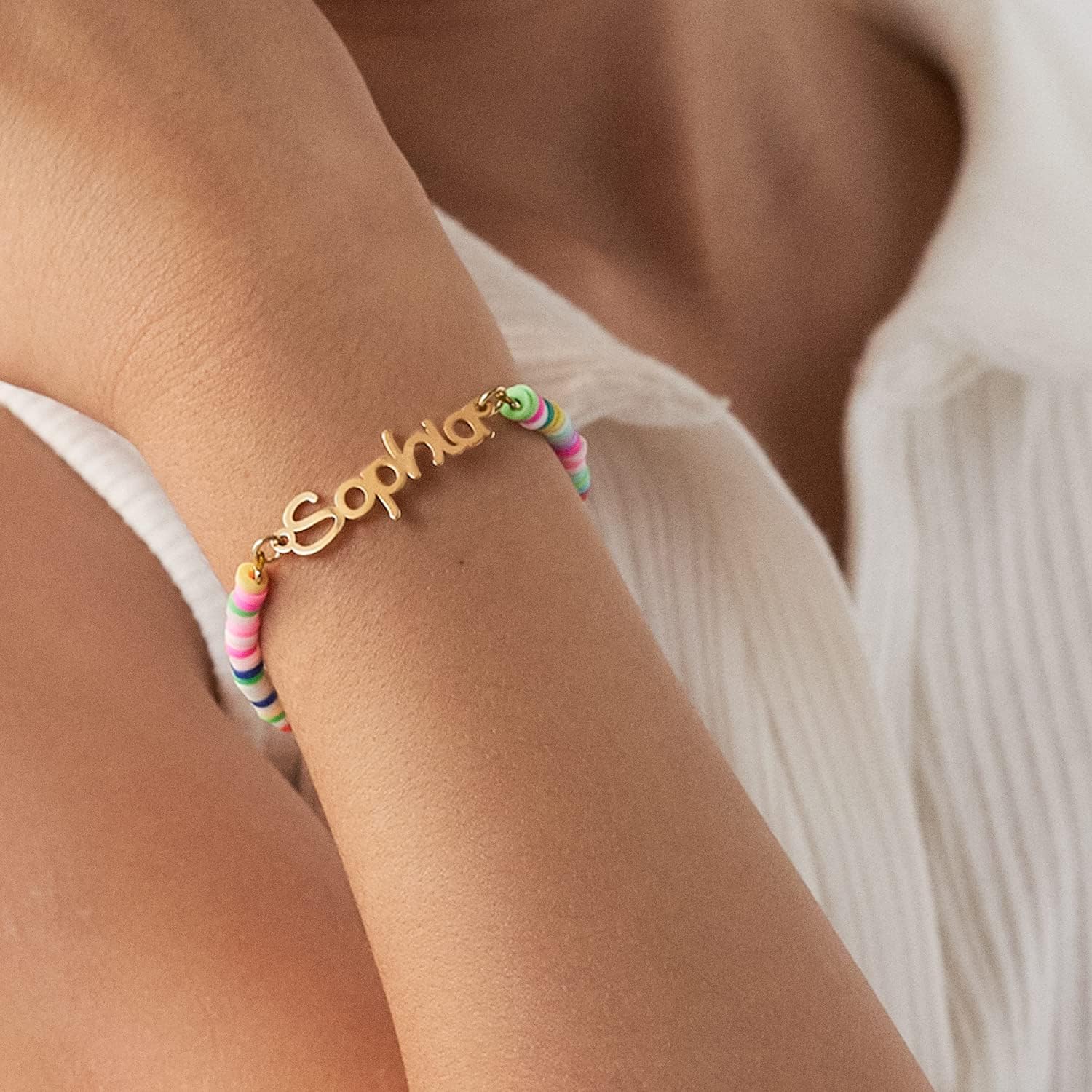 MYKA - Personalized Rainbow Bead Bracelet with Name in 0.925 Sterling Silver, 18K Gold Plating - With Colorful Fimo Beads - Custom Nameplate with Stars - Jewelry for Birthday, Christmas