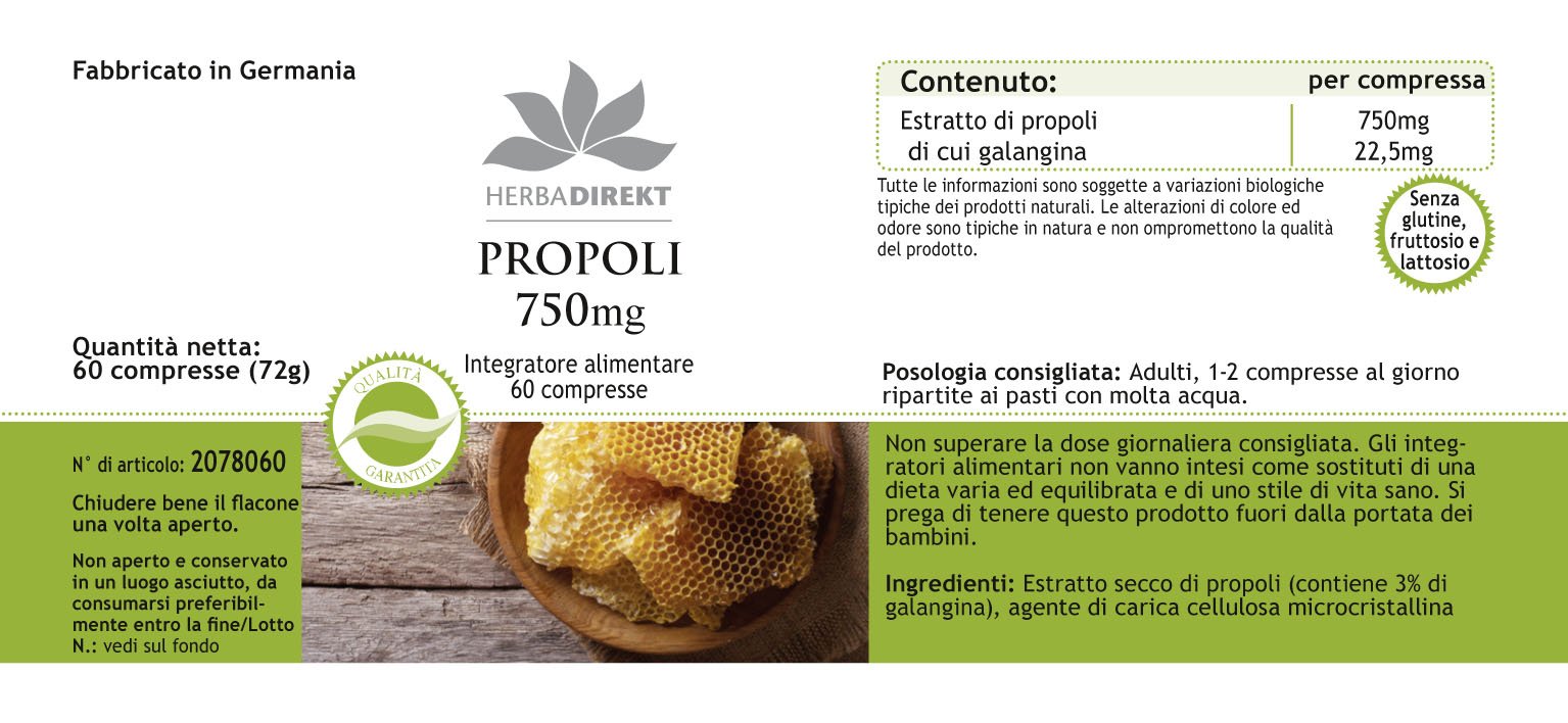 Propoli 750mg - 60 Compresse - 22,5mg Galangina | HERBADIREKT by Warnke Vitalstoffe - Qualità da farmacia tedesca