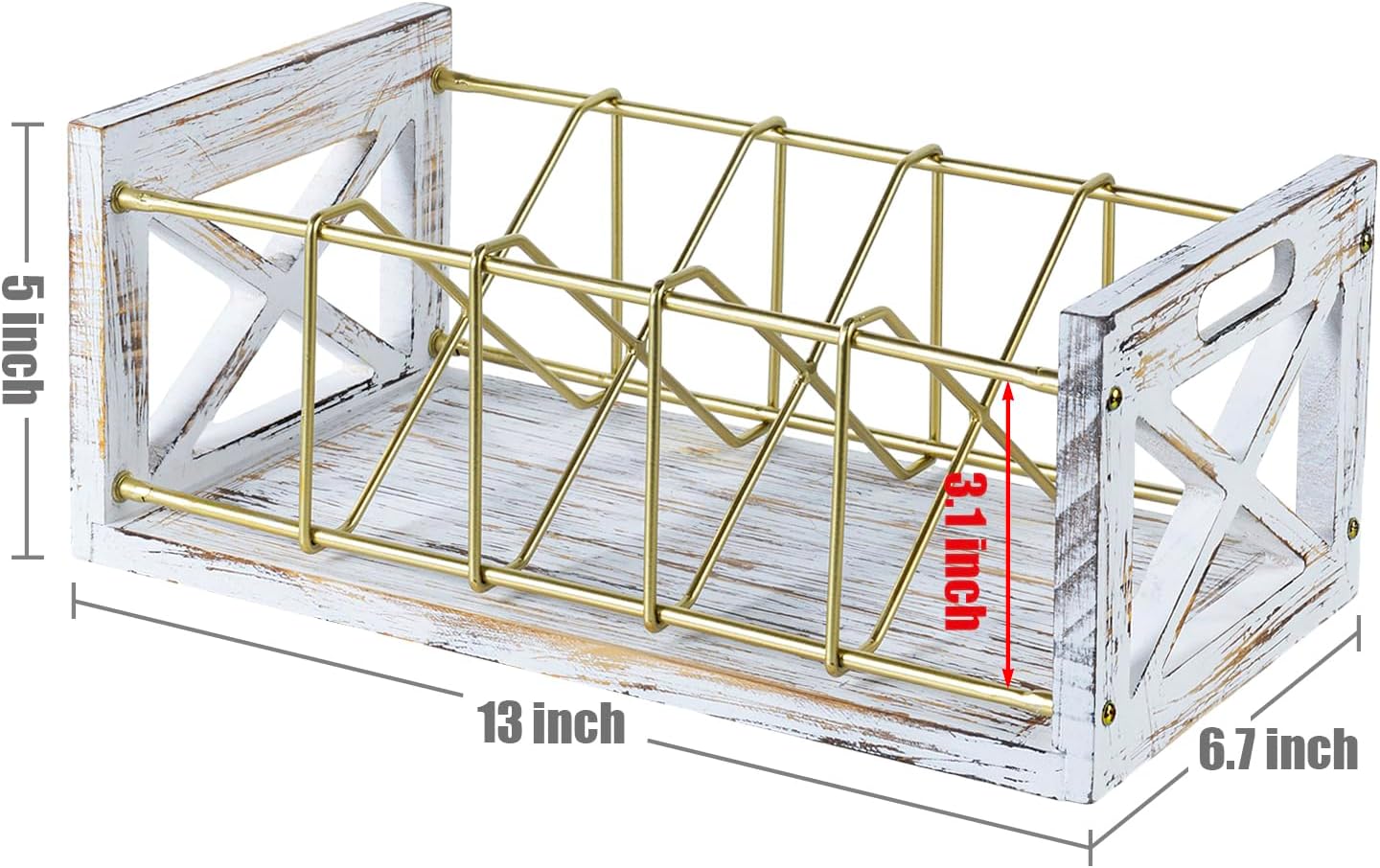 FARM IN DVD Storage,5-Slot Farmhouse Industrial DVD & CD Storage，CD Holder Rack with Handles, Barn Door “X-Cross” Design,Washed White Solid Wood & Gold Metal