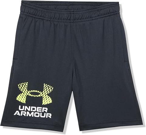 Under Armour Boys Tech Logo Shorts, 004 Black/White/High Vis Yellow, Small Plus