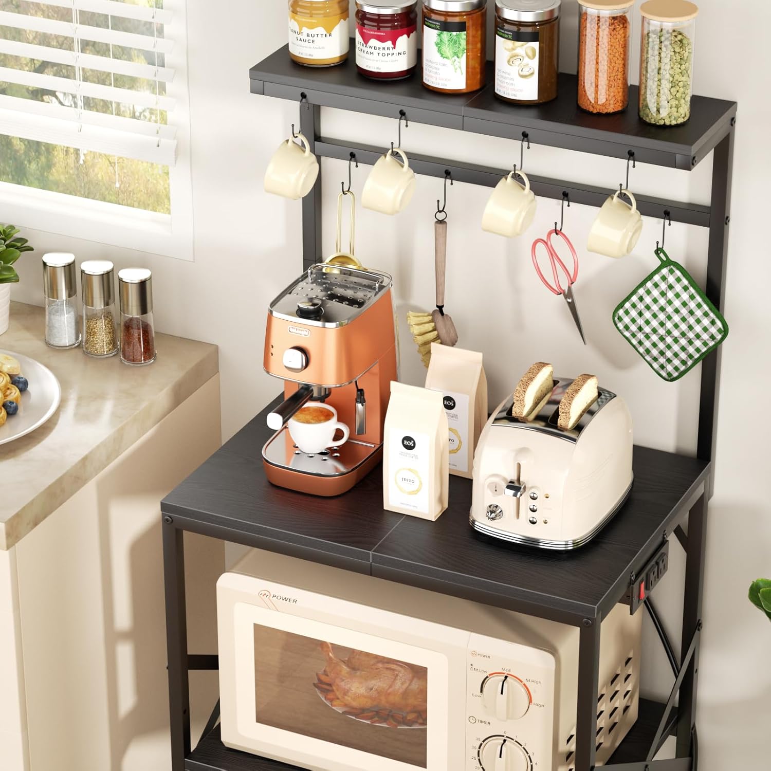 Kitchen Bakers Rack with Power Outlet, Coffee Bar Table 4 Tiers, Microwave Stand with 8 Hooks, Coffee Station and Organizer, Kitchen Storage Shelves Rack for Spices, Pots, Black image 6 of 8 B0FB3DLD6S