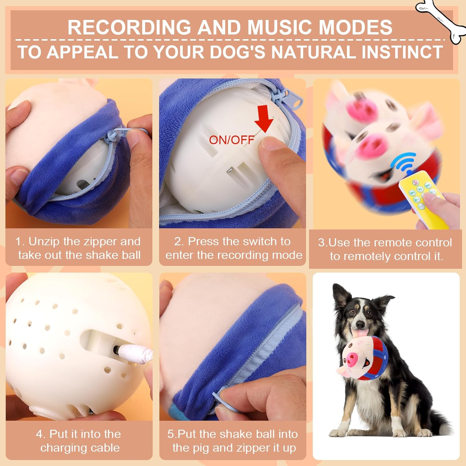 BABORUI Remote Control Interactive Dog Toys Pig, Jumping Squeaky Dog Toys with Recording and Music Modes, Rechargeable Moving Dog Chew Toys for Small/Medium/Large Dogs to Keep Them Busy(Red Pig) - Image 6