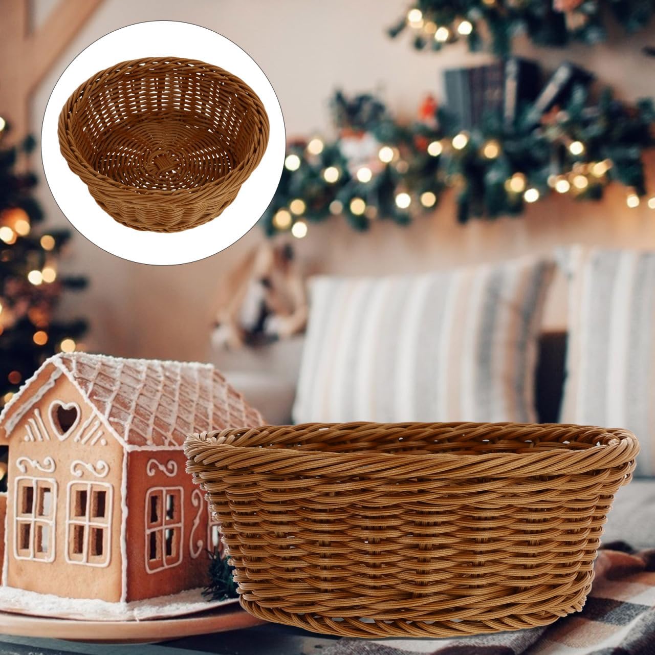 Wicker Bread Basket 9.92X9.92X3.14In Round Woven Storage Basket Imitation Rattan Serving Tray for Kitchen Snacks Fruit Candy Picnic Bakery Display