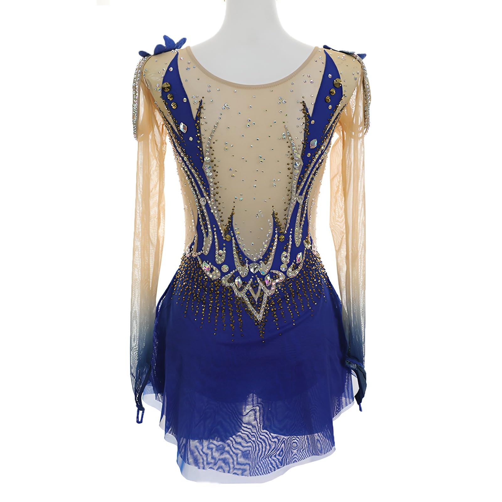 Kmarouse Girls and Women's Figure Skating Dress with Crystal Decoration, Long Sleeve Skirted Leotard for Competition(X-Small) Blue