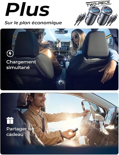 LISEN 54W 2-Pack Allume Cigare USB C, Double Ports Rapide, Chargeur Voiture USB C Sécurisés, Prise Allume Cigare 12V acev iPhone 17 Pro Max Air 16/15 Galaxy S25/S24 iPad Airpods - 5