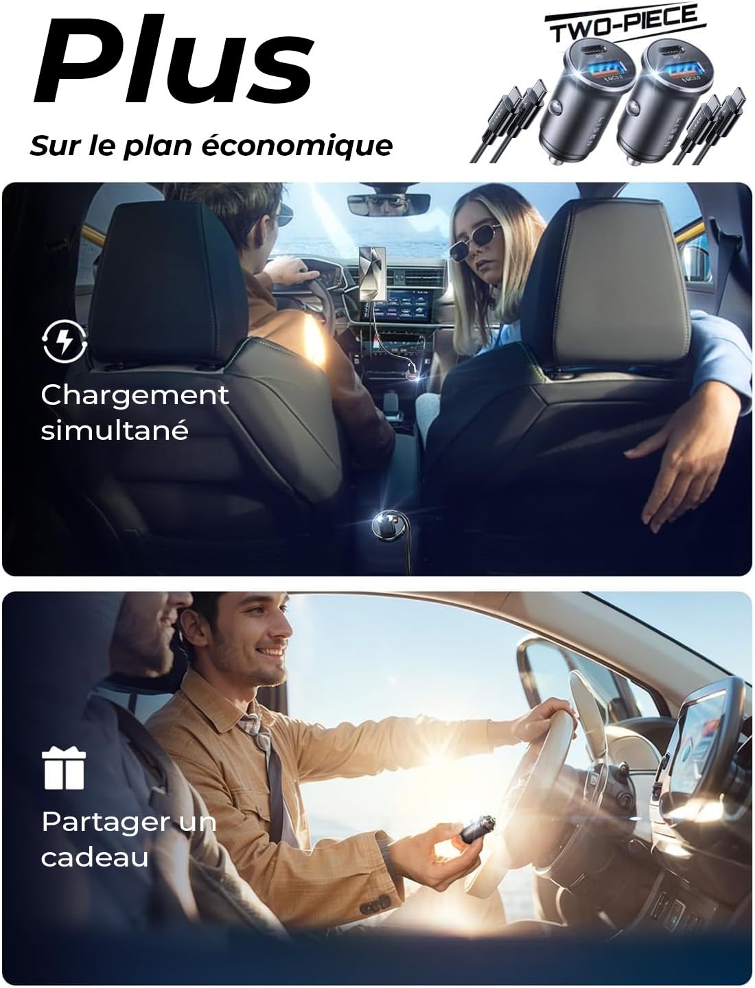 LISEN 54W 2-Pack Allume Cigare USB C, Double Ports Rapide, Chargeur Voiture USB C Sécurisés, Prise Allume Cigare 12V acev iPhone 17 Pro Max Air 16/15 Galaxy S25/S24 iPad Airpods - 5