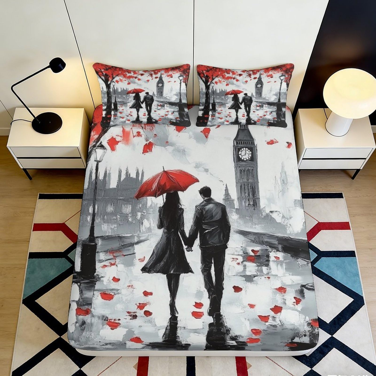 3D Printed London Couple Red Umbrella Fitted Sheet Microfiber Soft Artistic Bed Cover for Bedroom Guest Room Decor 90x200x25cm