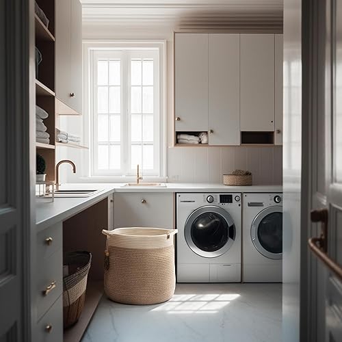 Miniatura 3 de Cesta de almacenamiento tejida con cuerda, cesta de lavandería grande de 17.3 x 15 x 14.9 pulgadas, organizador de manta de algodón, contenedores de