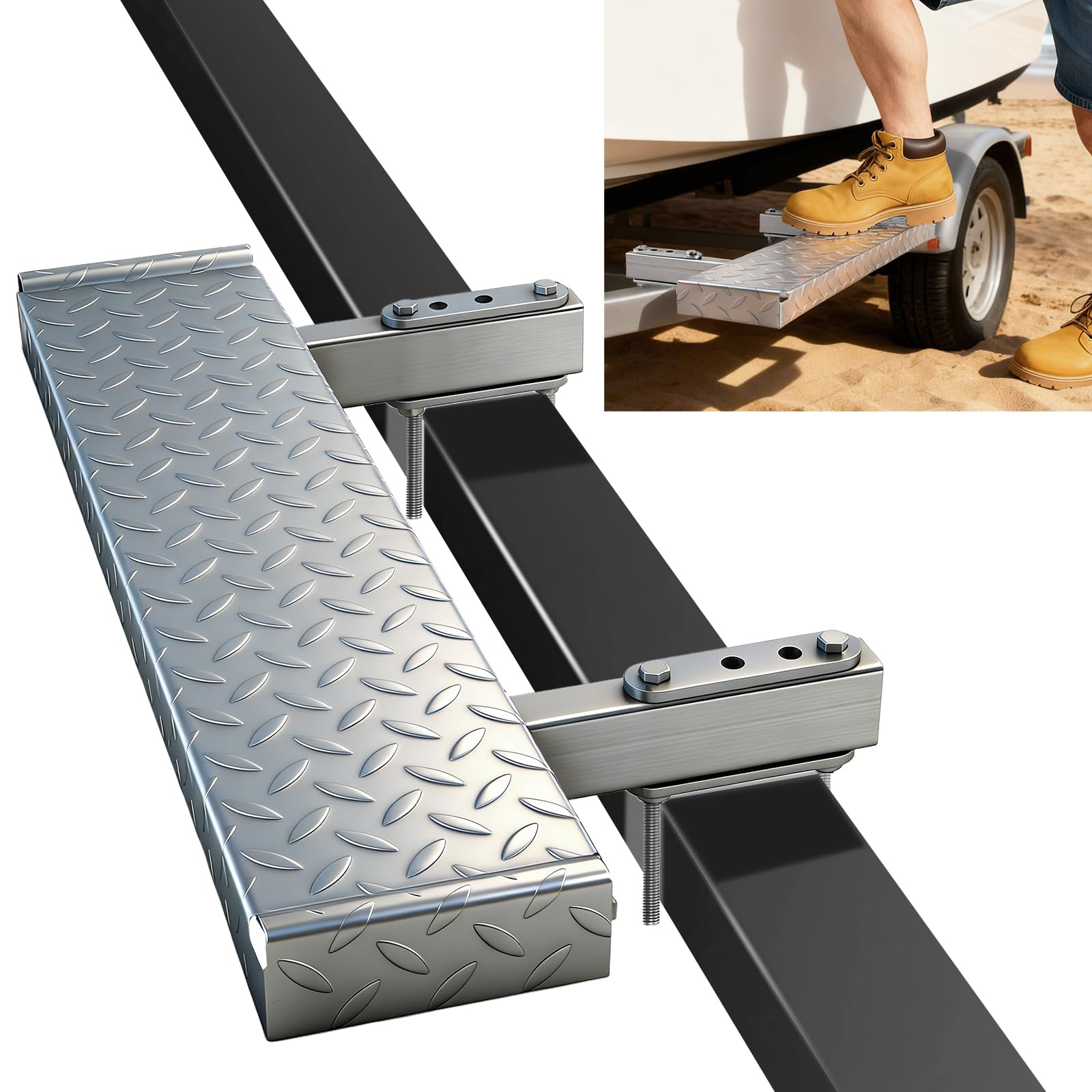6" × 20" Boat Trailer Step with Nonslip Surface Galvanized Steel Heavy Duty Boat Trailer Steps for The Tongue Fits for 4" × 3" Frame