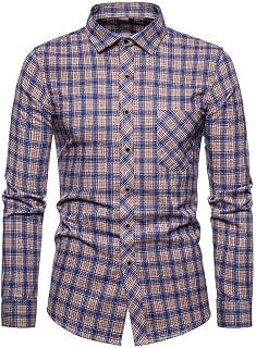Men's Long-Sleeved Checked Shirt Regular Fit Comfort Fit Shirts Made of Cotton Shirt Chest Pockets Business Shirt with Lapels Slim Fit Long Sleeve Shirts