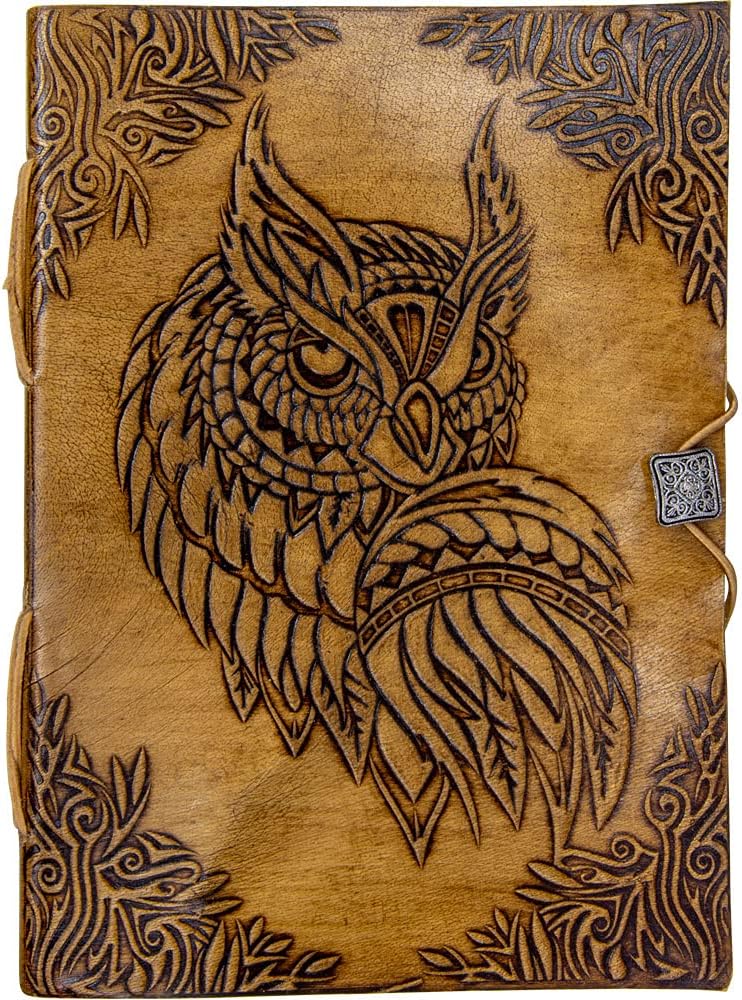 Handmade Genuine Leather Bound Journal 200 Unlined Paper Pages Notebook Button Closure (Owl)