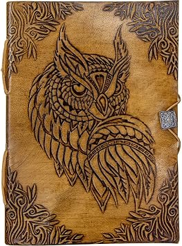 Handmade Genuine Leather Bound Journal 200 Unlined Paper Pages Notebook Button Closure Owl