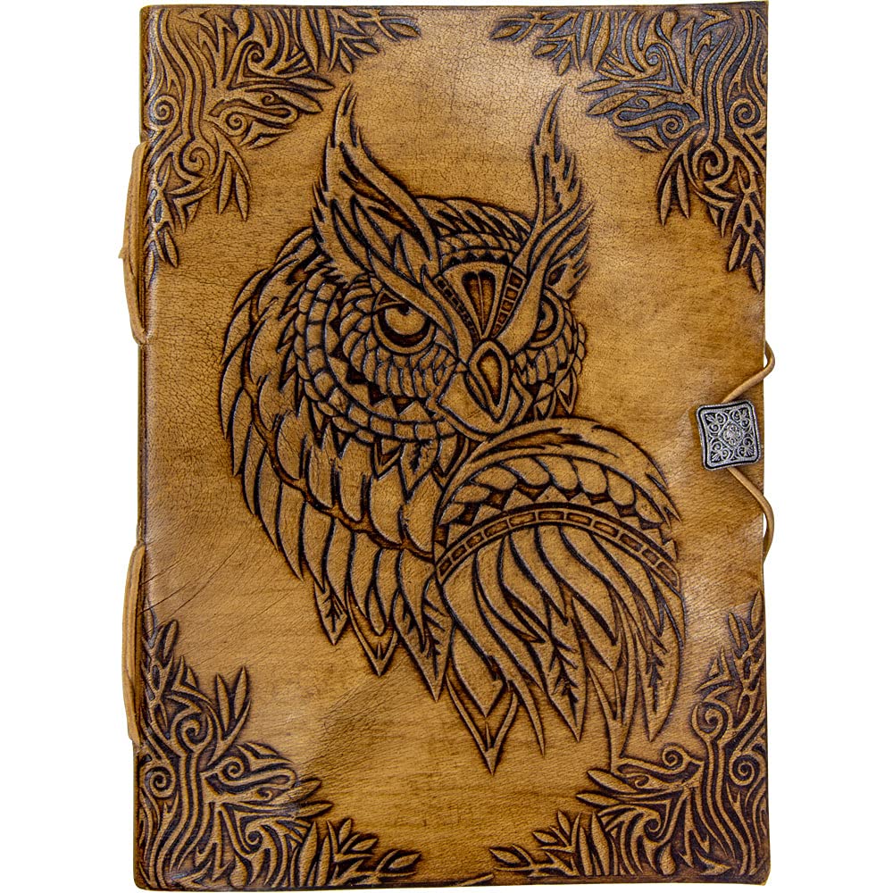 Handmade Genuine Leather Bound Journal 200 Unlined Paper Pages Notebook Button Closure (Owl)