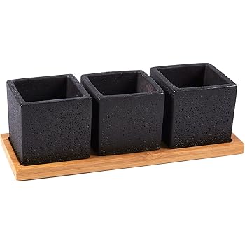 Klein Blume Topf Und Bambus Tablett Set 3er Pack Mini Sukkulente Topfe Keramik Ubertopf Set Fur Indoor Outdoor Display Schwarz Amazon De Garten