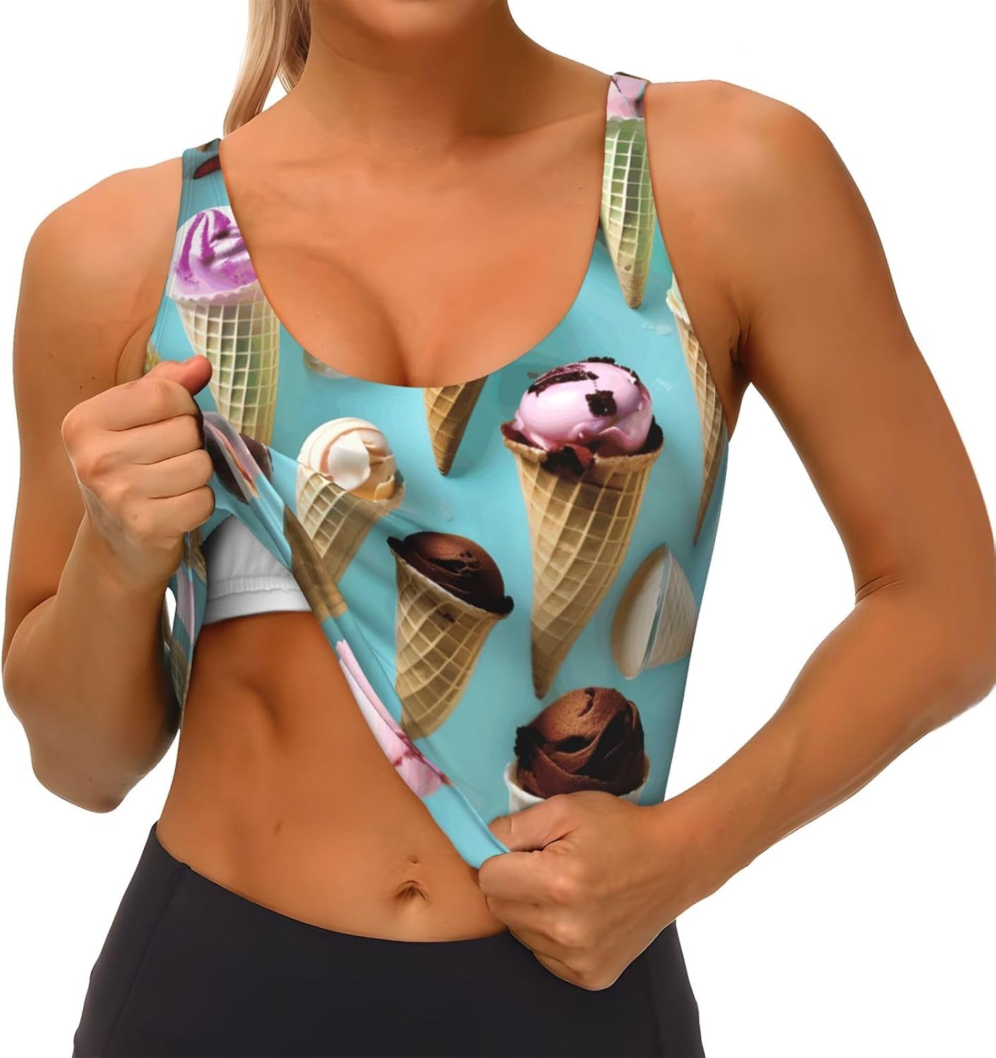 Ice Cream Cones Print Women's Strappy Sports Bra, Stretch Gym Bras U Neck Yoga Tops, Comfort Seamless Bra
