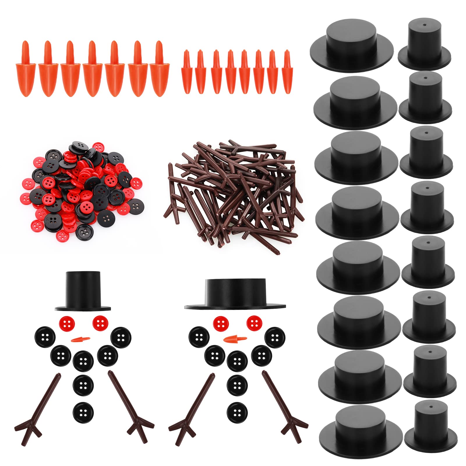 200 Pieces Christmas Snowman Kit for Crafts, Includes 20 Carrot Noses Buttons 20 Mini Black Top Hats and 120 Tiny Buttons and 40 Trigeminal Hand for Christmas Crafts Sewing Xmas Gift Supplies