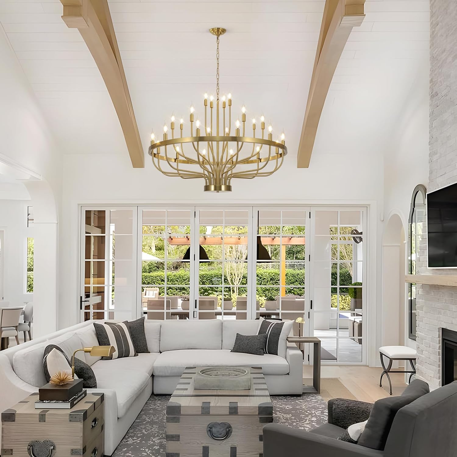 Gold Chandelier 24 Light Large Chandelier for High Ceilings, Farmhouse Wagon Wheel 39in 3-Tier for Dining Room, Hallway, Living Room, Foyer