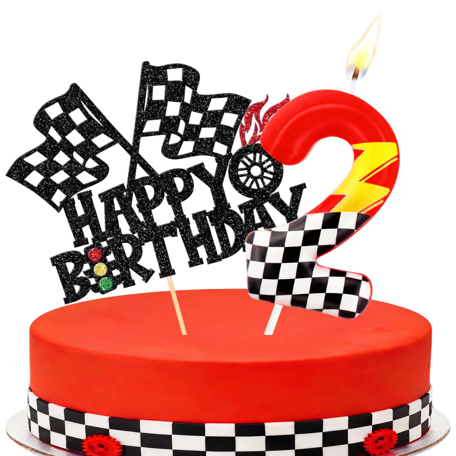 Racing Cars Themed Number Candles, Cake Candles with Greeting Card for Birthday Party Wedding Anniversary Celebrations(2 Candle,Sparkle)