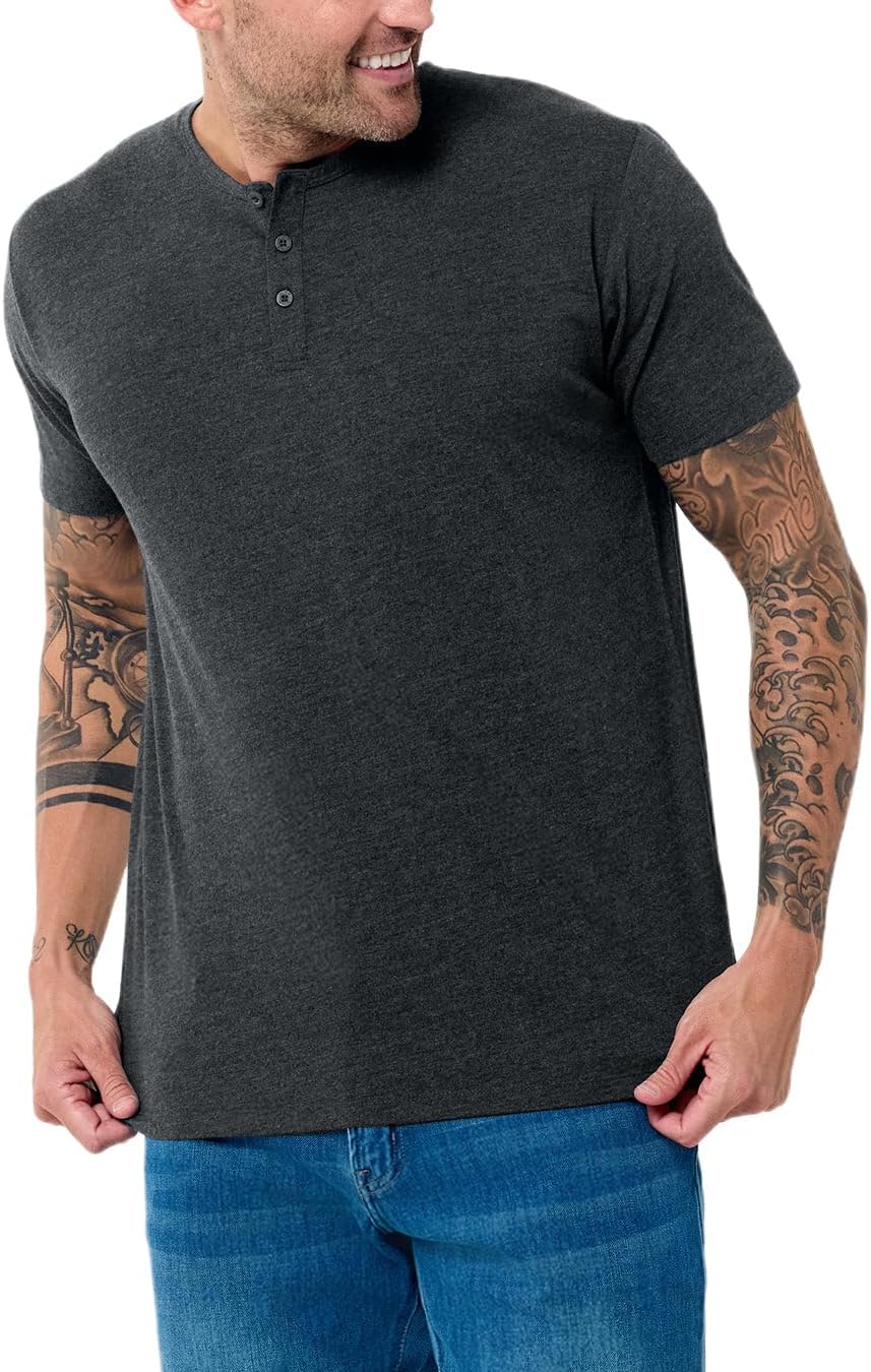 INTO THE AM Henley Shirts for Men S - 4XL Casual Collarless 3-Button Short & Long Sleeve Fitted Modern Fit T-Shirt