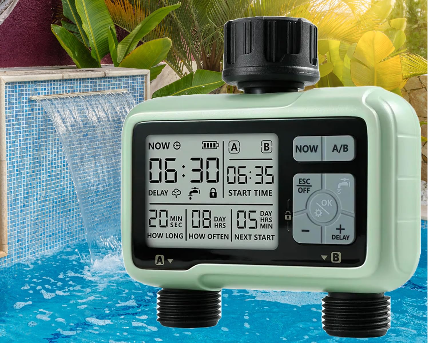 LABART Temporizador de agua digital de 2 zonas para jardín, plantas agrícolas, manguera, grifo, salida programable, sistema de riego para el hogar, controlador de flujo con modo de bloqueo infantil