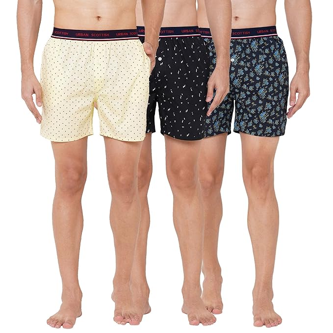 Urban Scottish Men's Cotton Printed Boxer with Side Pockets (Pack of 3)