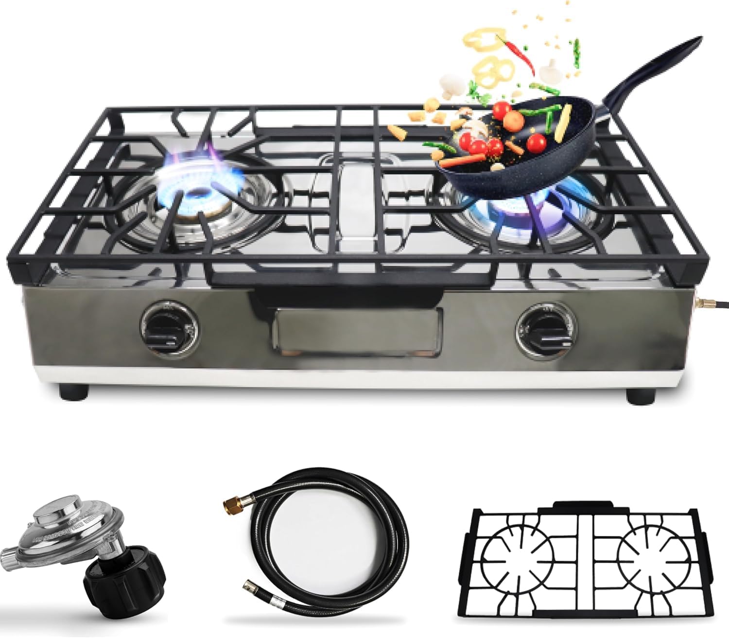 2 Burner Indian Style Stove - Stainless Steel Heavy Duty Dual Burner Gas Stove - Portable Propane Cooktop W/Grate, Brass Burners For Cooking Outdoor on 2 Burner Gas Cooktop W/Hose & Regulator