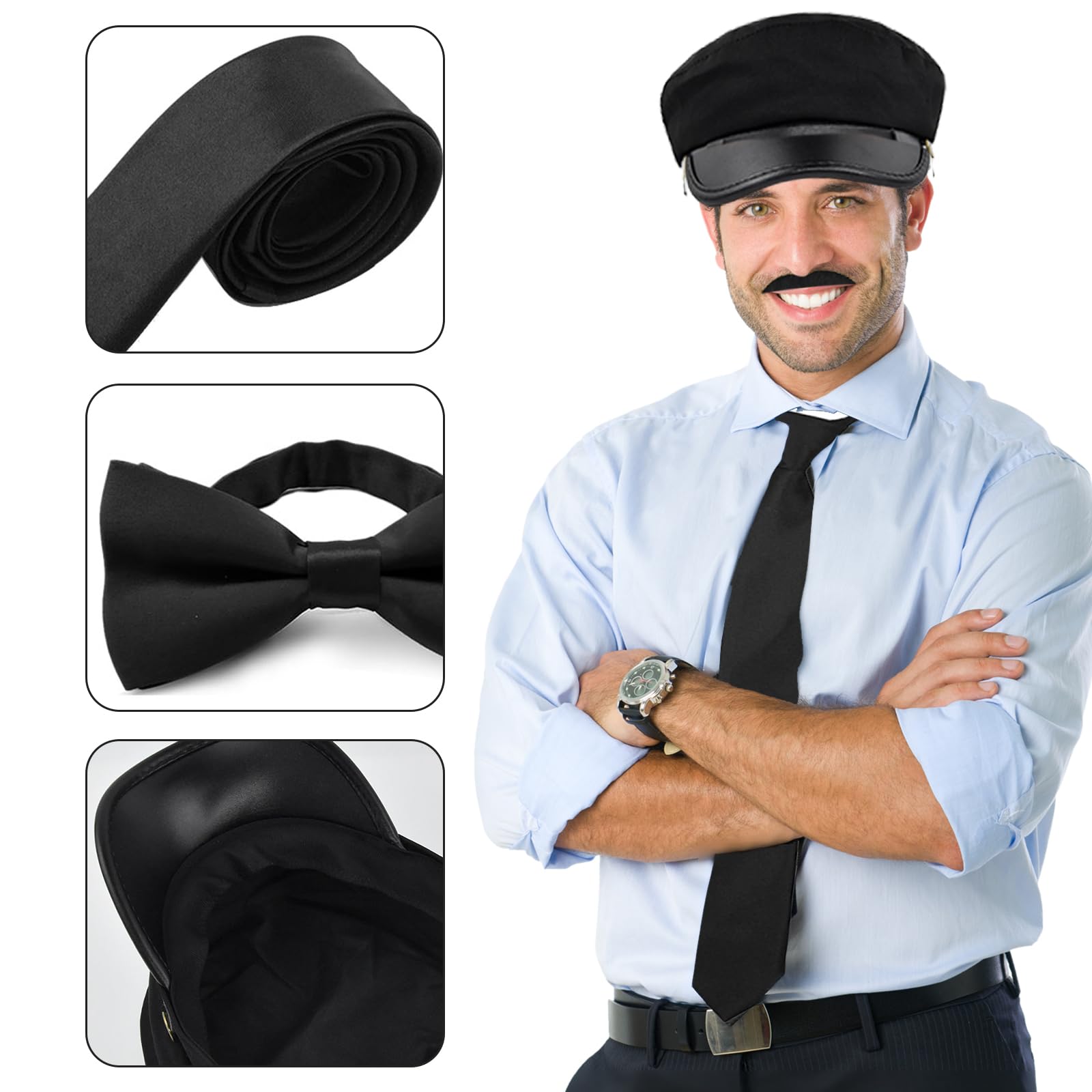 XNIVUIS 6 Pcs Pieces Chauffeur Costume Accessories Novelty Driver Costume Black Hat Sunglasses Bow Tie Gloves fake beard 1980s Gangster Biker Costume Accessories for Cosplay Theme Party (black) - Image 3