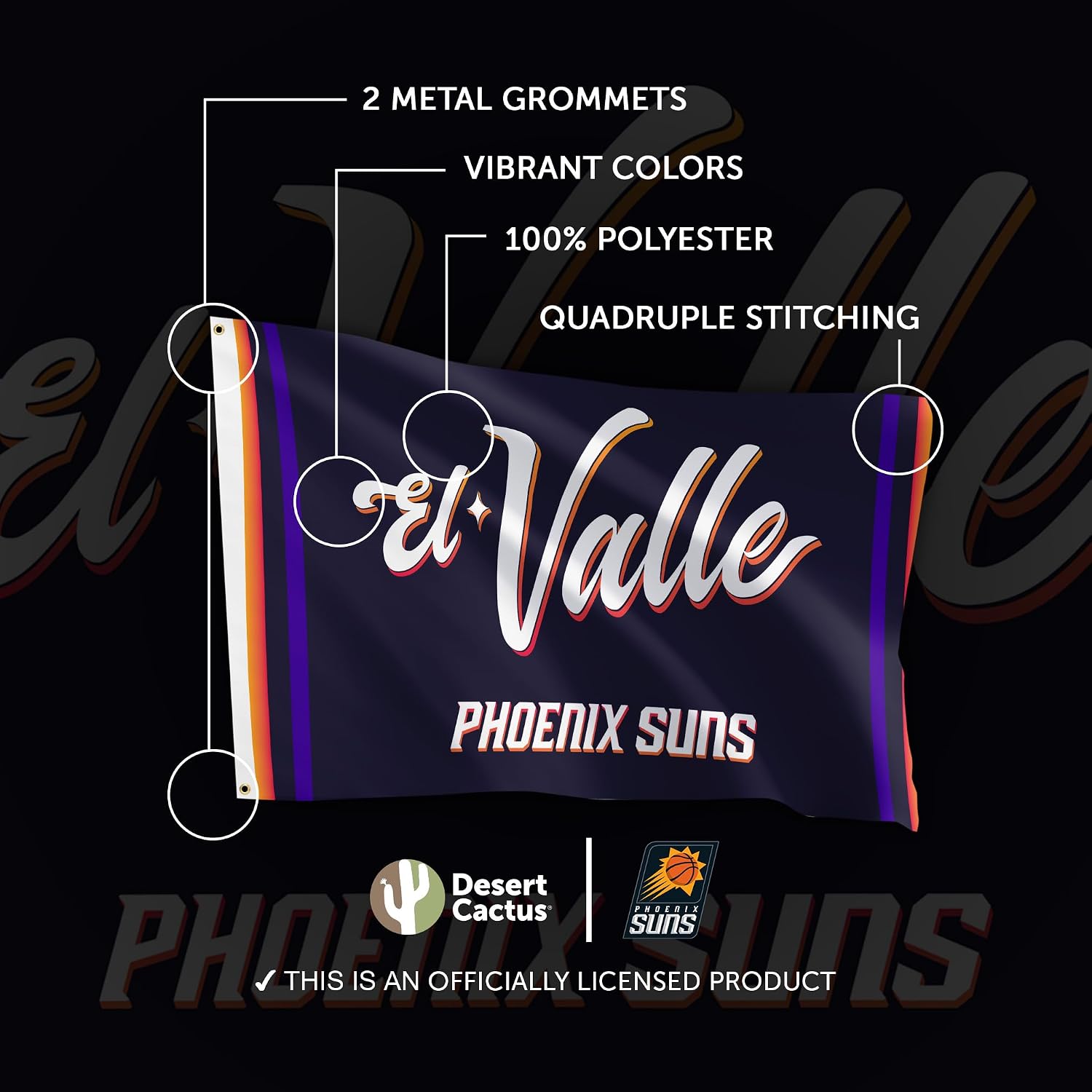 Desert Cactus Phoenix Suns Flag NBA 100% Polyester Indoor Outdoor 3x5 feet National Basketball Association Team Flags (Flag City Edition 2023 A)