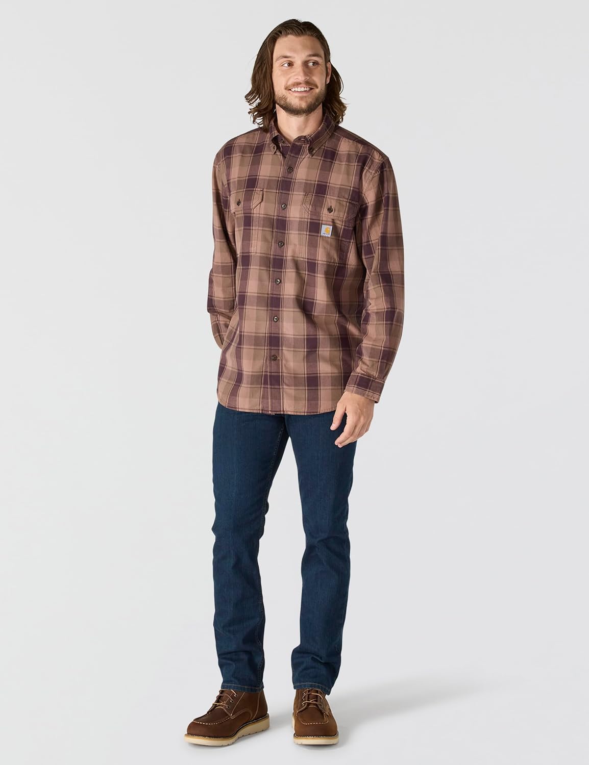 Carhartt Mens Loose Fit Midweight Chambray Long-Sleeve Plaid Shirt - Image 4