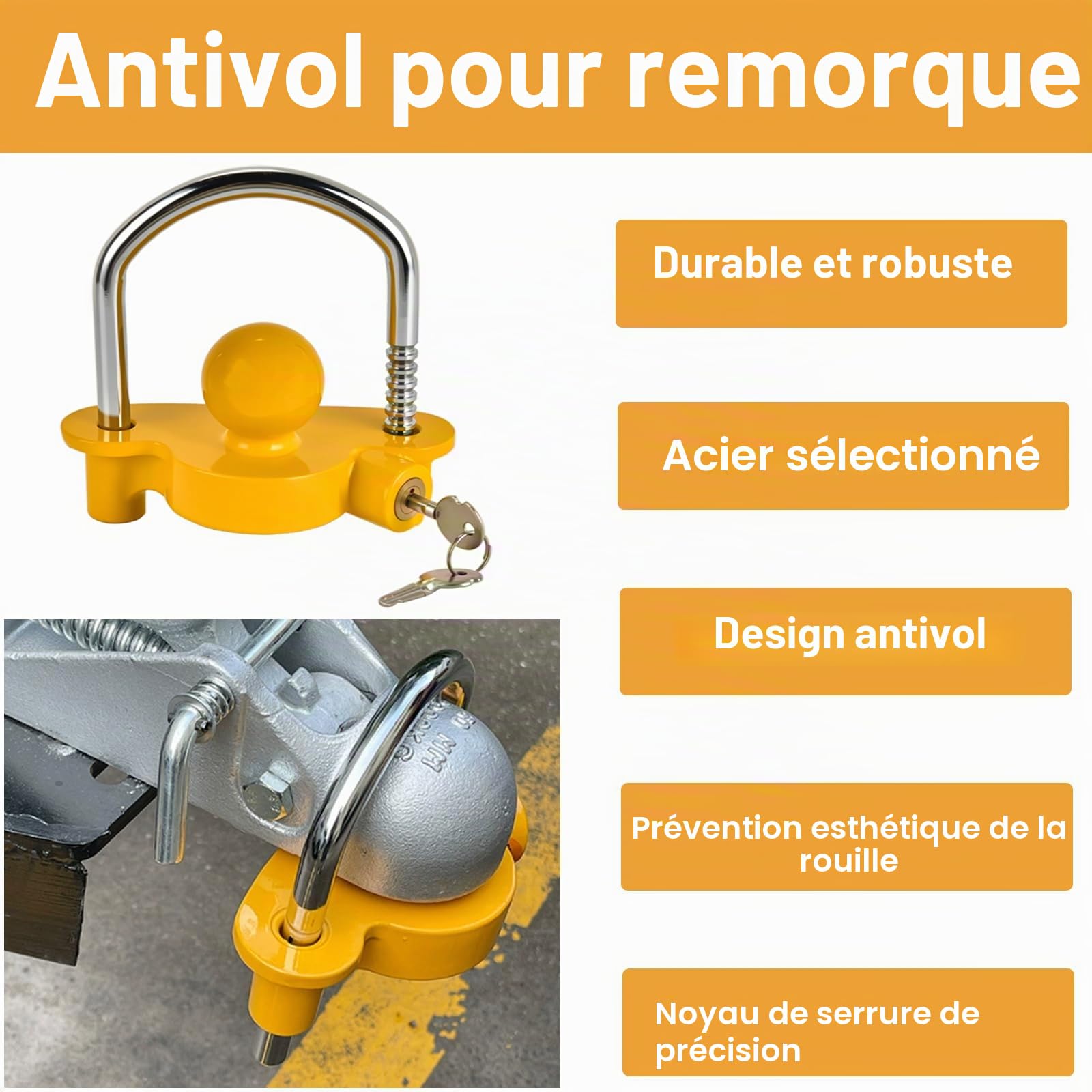 Antivol de Remorque - Cadenas de Remorque Anti Vol Haute Sécurité Verrouillage de Remorque Verrou D'attelage de Remorque avec 2 Clés pour Voiture,Camion,Caravane(Jaune)
