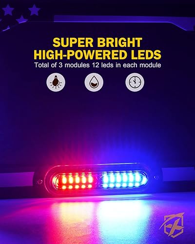 Miniatura 4 de Xprite Luz estroboscópica de 36 LED para matrícula, luz de policía delanteratrasera con bandera de EE. UU., 22 modos de flash, luz LED de