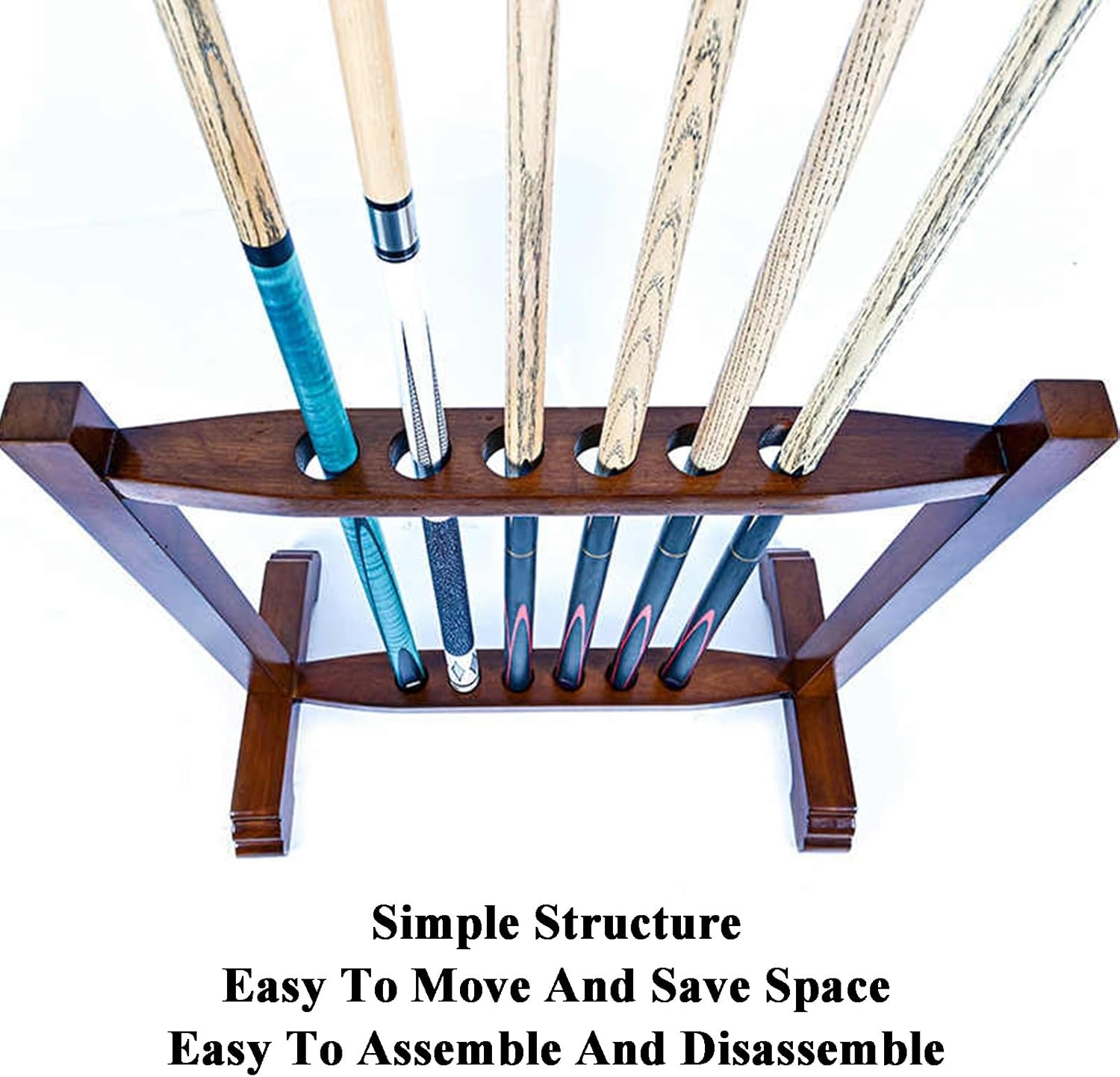 Freestanding Billiard Cue Rack Hold 6 Cues,solid Wood Pool Cue Stick Holder,Easy to Assemble,for Game Room Clubs and Bars