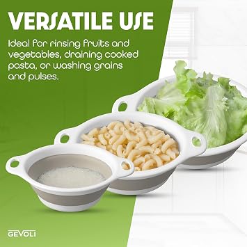 GEVOLI Collapsible Colanders (Pack of 2) - Food Colanders with Draining Base for Sink, Ideal for Pasta, Fruit and Vegetables (4L & 5L) - White/Beige