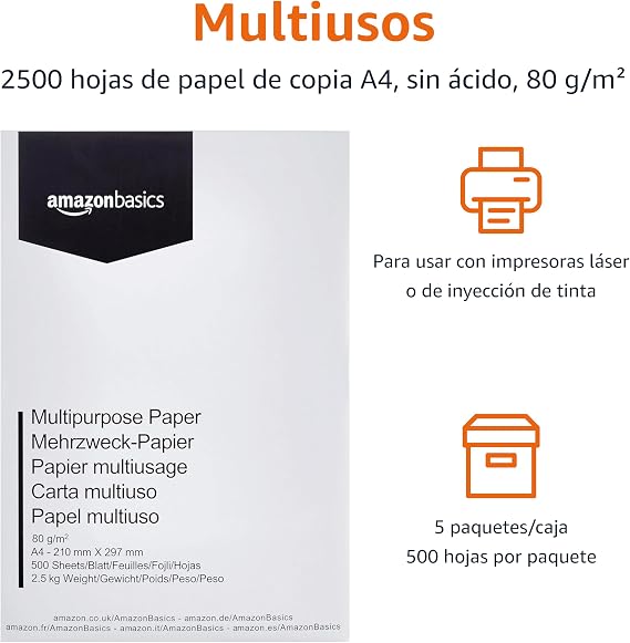 Amazon Basics A4 80gsm Multipurpose Printer Paper, 2500 Count, 5 Packs of 500, White