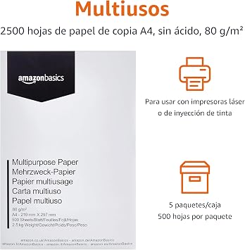 Amazon Basics A4 80gsm Multipurpose Printer Paper, 2500 Count, 5 Packs of 500, White