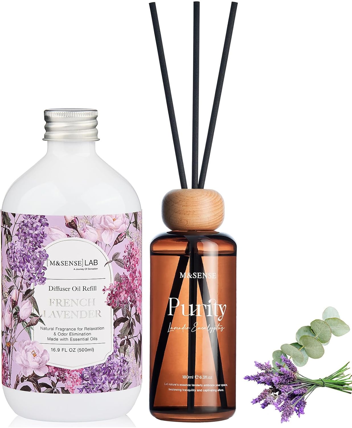 M&SENSE Lavender Eucalyptus 2-Piece Bundle: 6.3oz Diffuser + 16.9oz Refill with Sticks, Natural Home Fragrance