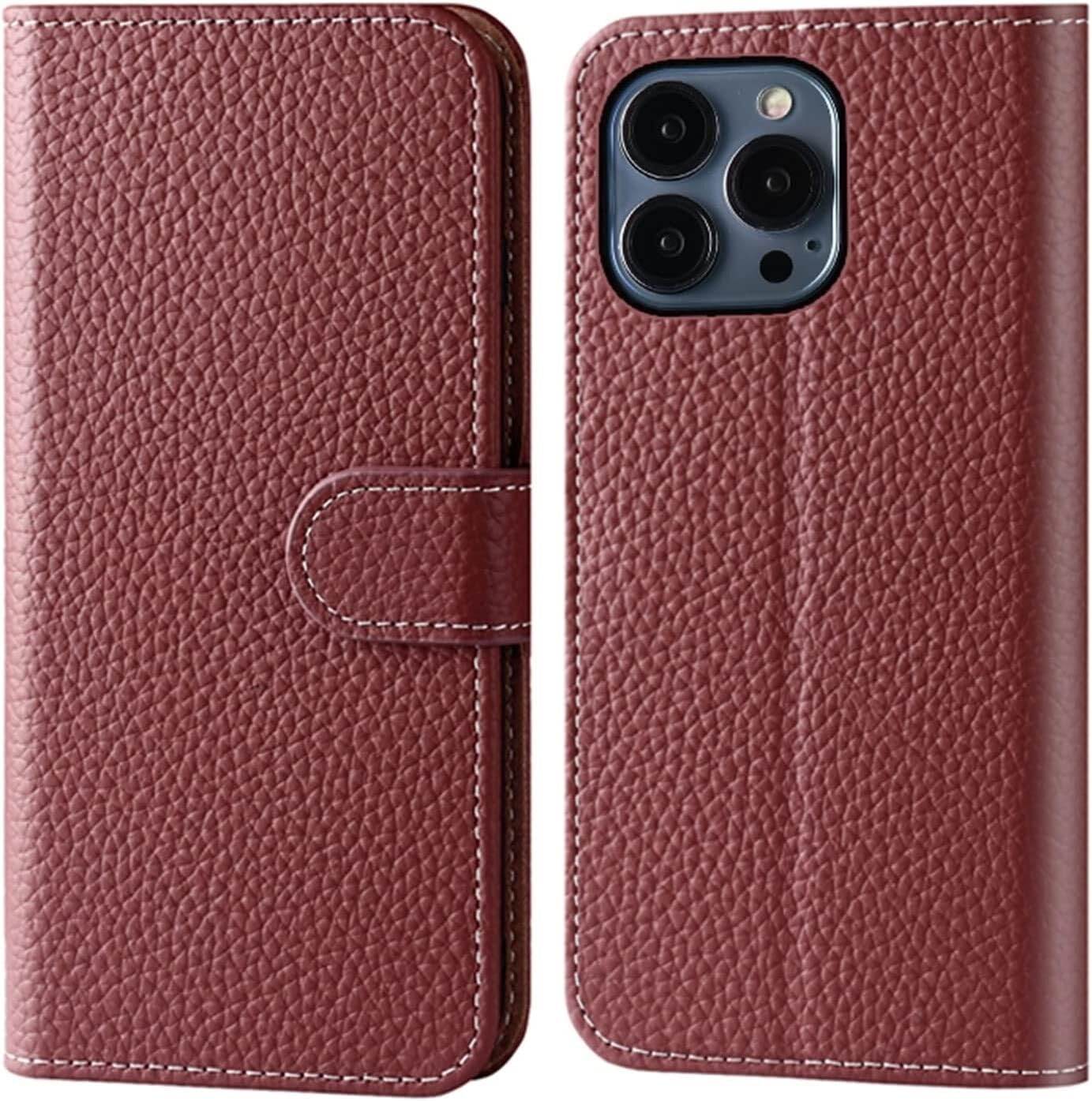 Étui portefeuille iPhone 14 Plus rouge cuir véritable avec béquille