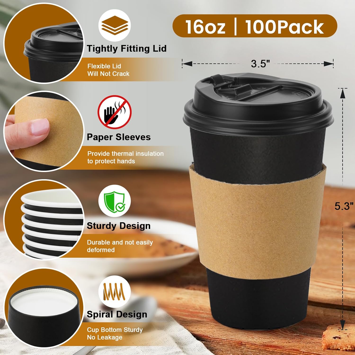 Lamosi 100 Pack 16 oz Disposable Coffee Cups with Lids and Sleeves, Black Leak-Proof To Go Coffee Cups with Lids, Hot/Cold Beverage Black Drinking Cup for Home, Office, Parties, Travel - Image 3
